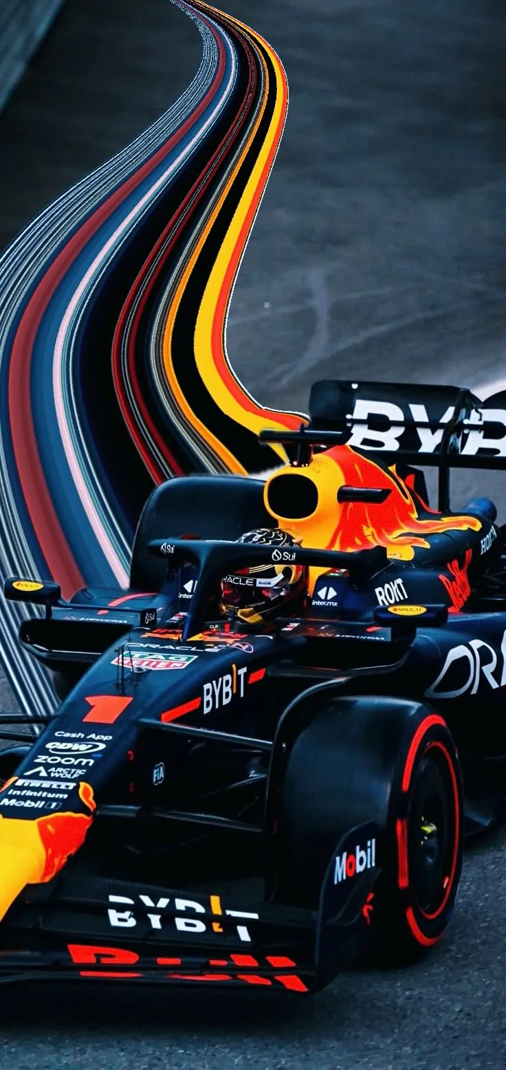 Pixel stretch effect on a Formula 1 car with a long ribbon of stretched color