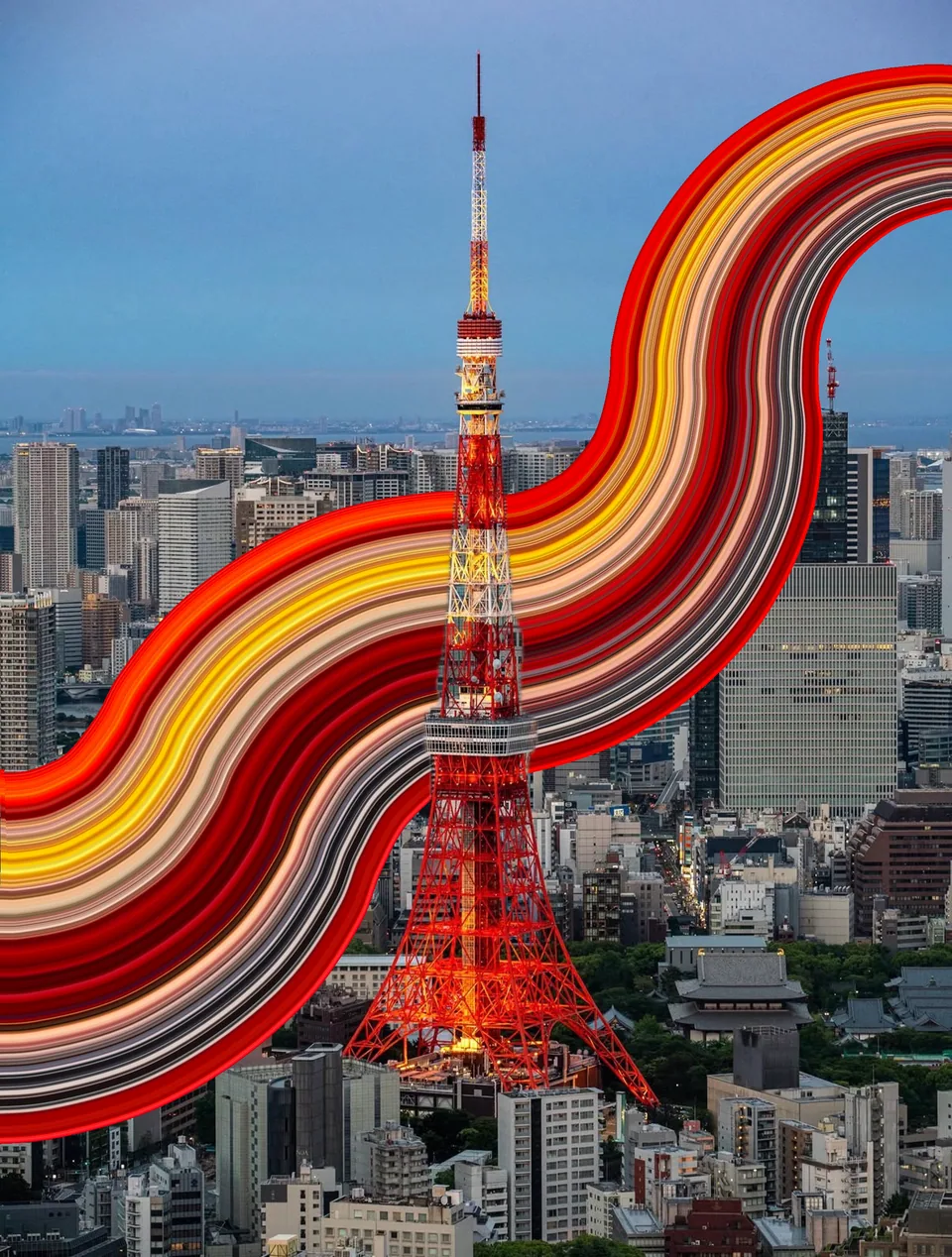 Tokyo Tower photo with a flowing red and gold pixel stretch made using the S Curve preset
